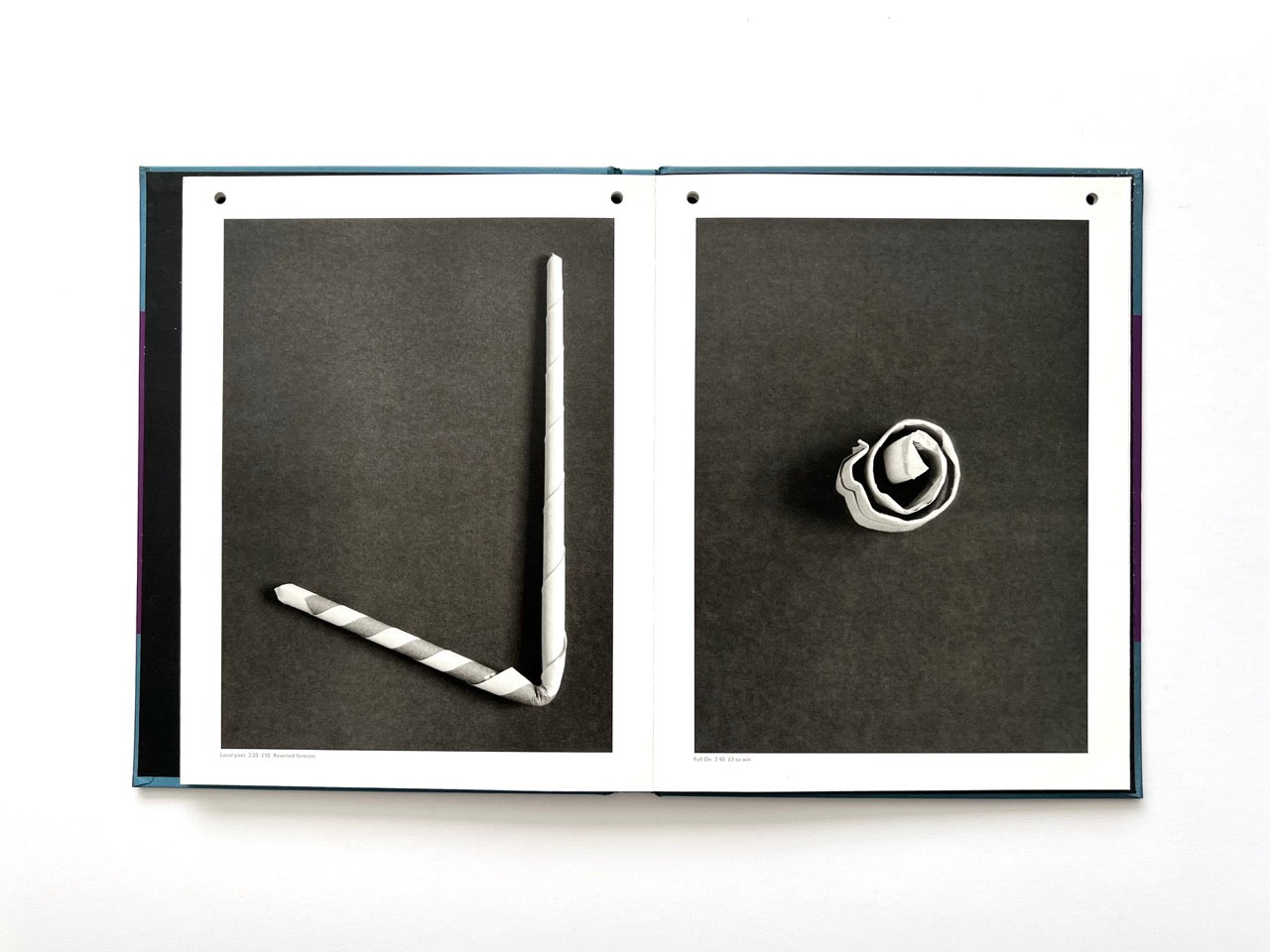 Interior spread from A Series of Disappointments (2008) by Stephen Gill, featuring two discarded betting slips transformed through folding and crumpling into compact sculptural forms.