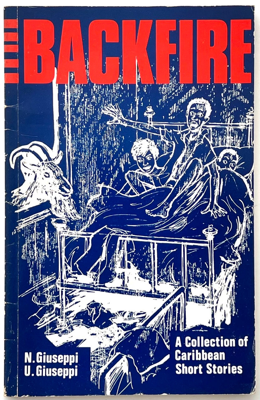 Front cover of Backfire: A Collection of Caribbean Short Stories compiled by Neville and Undine Giuseppi, illustrated blue and red Macmillan Caribbean edition