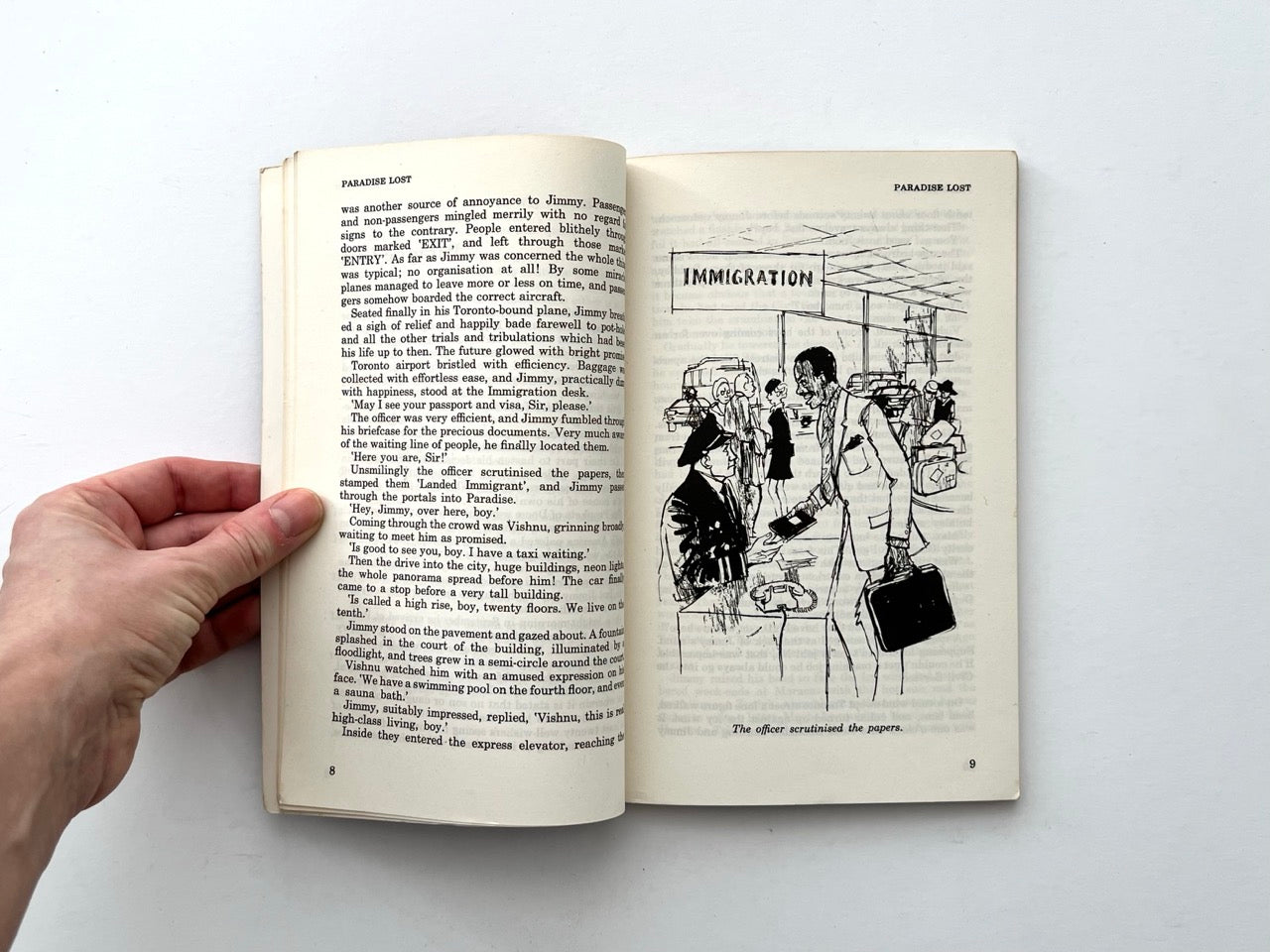 Interior spread from Backfire with story text and black and white illustration of immigration desk scene