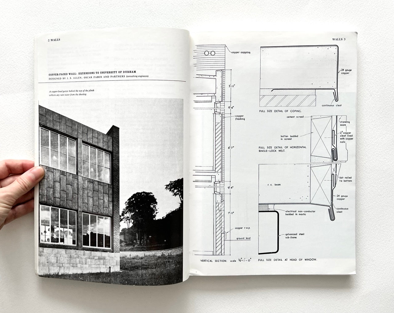 Open book - BEST OF ARCHITECTS’ WORKING DETAILS - VOLUME 1: EXTERNAL - showing b&w photograph of a modern building facade and an architectural drawing.