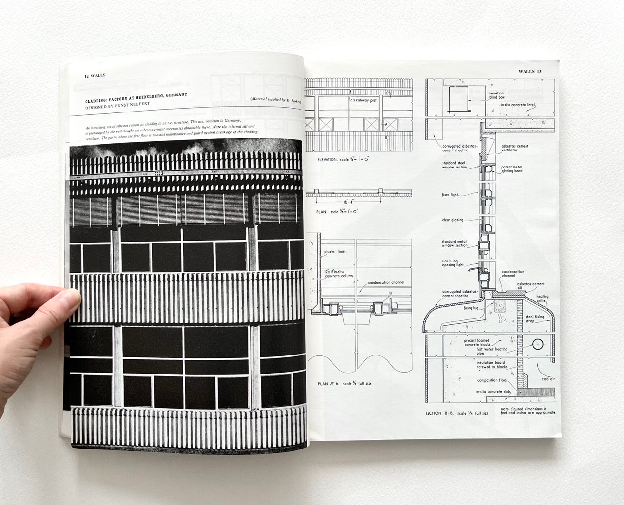 Open book - BEST OF ARCHITECTS’ WORKING DETAILS - VOLUME 1: EXTERNAL - showing b&w photograph of a modern building facade and an architectural drawing.