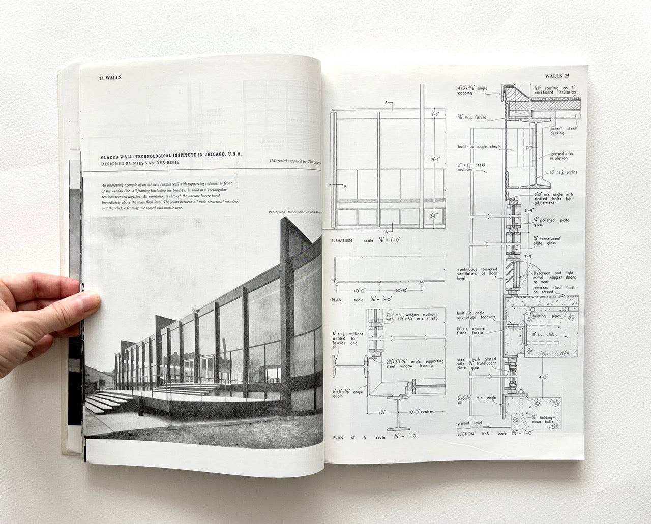 Open book - BEST OF ARCHITECTS’ WORKING DETAILS - VOLUME 1: EXTERNAL - showing b&w photograph of a modern building facade and an architectural drawing.