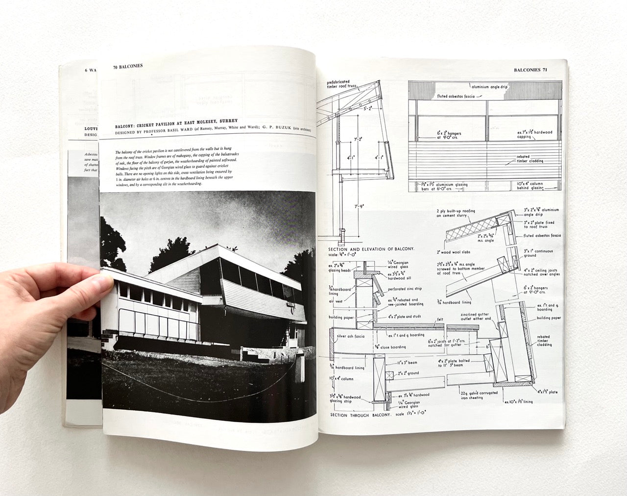 Open book - BEST OF ARCHITECTS’ WORKING DETAILS - VOLUME 1: EXTERNAL - showing b&w photograph of a modern building and an architectural drawing.