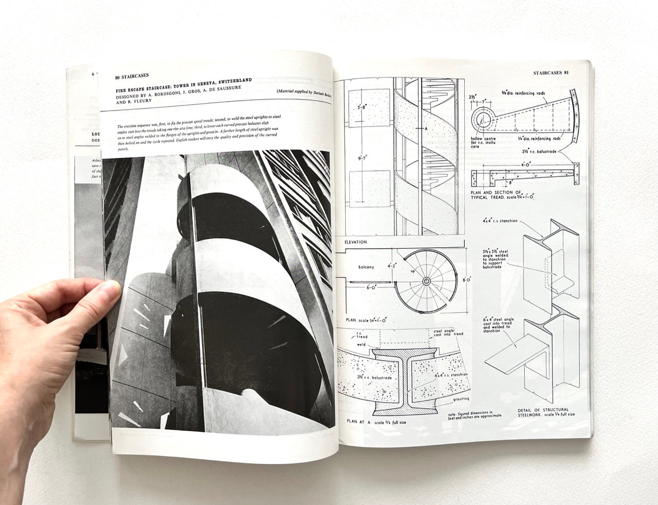 Open book - BEST OF ARCHITECTS’ WORKING DETAILS - VOLUME 1: EXTERNAL - showing b&w photograph of a spiral staircase and an architectural drawing.
