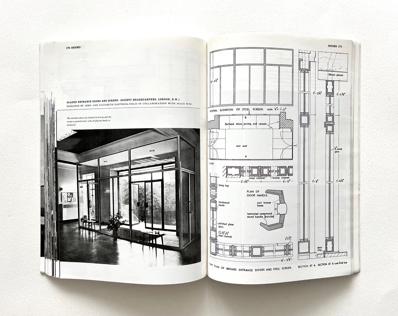 Open book - BEST OF ARCHITECTS’ WORKING DETAILS - VOLUME 1: EXTERNAL - showing b&w photograph of a minimalist interior and an architectural drawing.