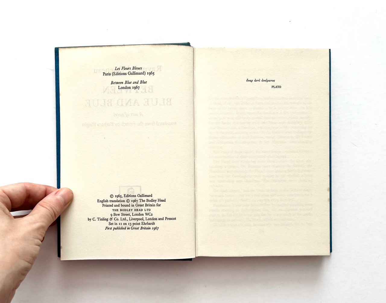 Copyright and publication page of Between Blue and Blue by Raymond Queneau, first UK edition published in 1967 by The Bodley Head, with original printing and publication details.