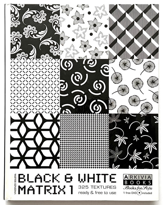 Book titled 'Black & White Matrix 1' by Arkivvia Books with various black and white patterns on the cover.