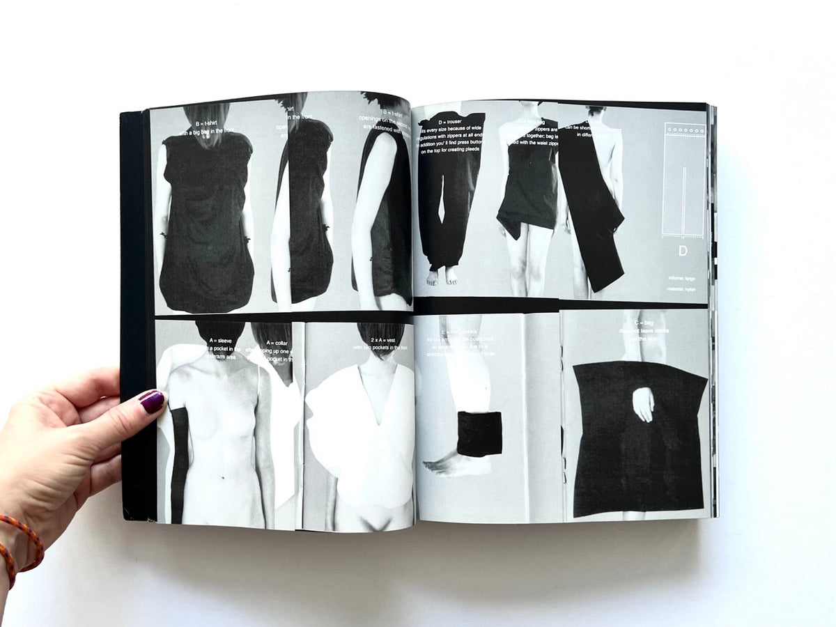 BLESS: Celebrating 10 Years of Themelessness by Désirée Heiss and Ines Kaag, 2006. Black-and-white interior spread showing experimental black garments, modular clothing designs and accessories with explanatory text.