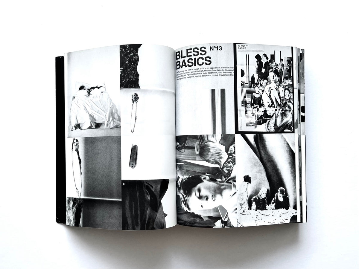 BLESS: Celebrating 10 Years of Themelessness by Désirée Heiss and Ines Kaag, 2006. Black-and-white interior spread documenting BLESS No. 13 Basics, featuring experimental fashion accessories, intimate portraits, a Paris apartment gathering and conceptual lifestyle photography.