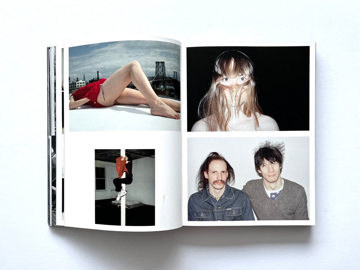 BLESS: Celebrating 10 Years of Themelessness by Désirée Heiss and Ines Kaag, 2006. Colour interior spread featuring a woman in red reclining on a rooftop, a portrait with hair covering the face, an indoor performance and two male portraits.