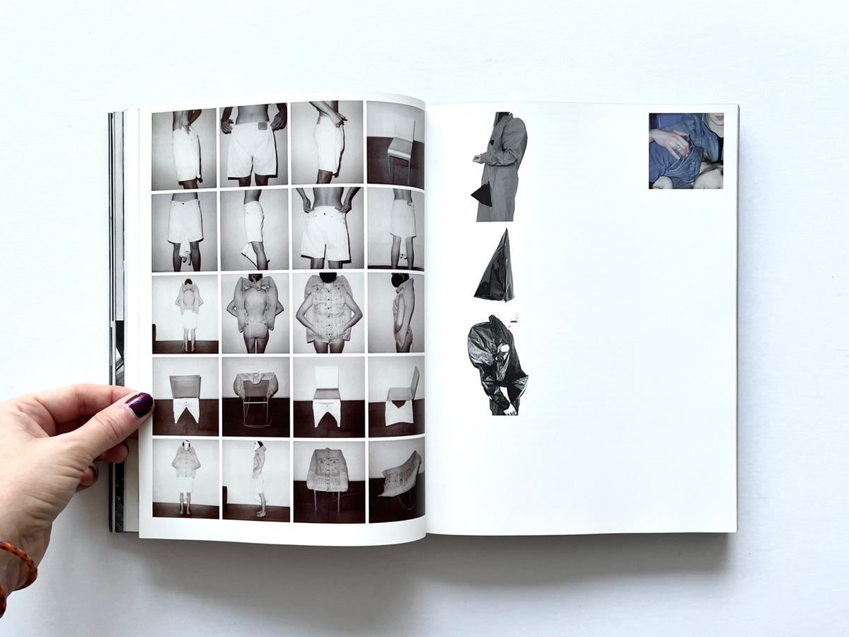 BLESS: Celebrating 10 Years of Themelessness by Désirée Heiss and Ines Kaag, 2006. Interior spread showing a grid of black-and-white photographs of experimental white shorts, garments and chairs, alongside sculptural clothing designs.