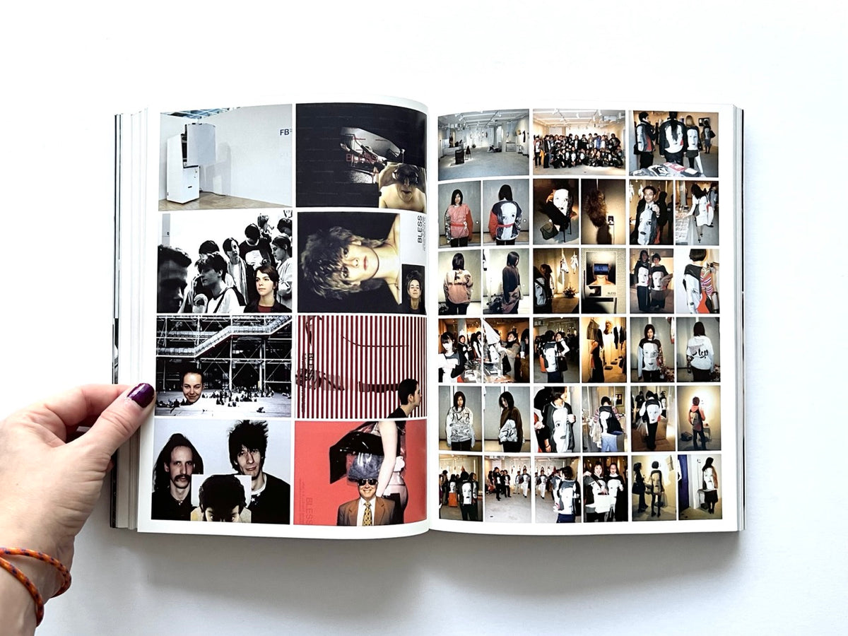 BLESS: Celebrating 10 Years of Themelessness by Désirée Heiss and Ines Kaag, 2006. Interior spread featuring a photographic collage of experimental fashion, exhibition installations, portraits and documentation of BLESS events.