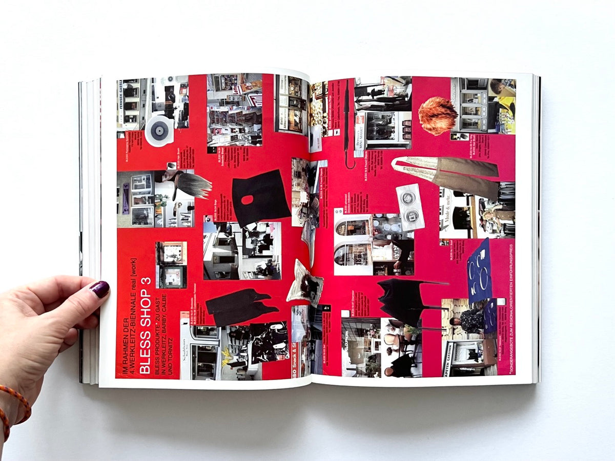 BLESS: Celebrating 10 Years of Themelessness by Désirée Heiss and Ines Kaag, 2006. Double-page spread with a vivid red background documenting BLESS Shop 3, featuring photographs of retail interiors, experimental clothing, accessories and conceptual design objects.