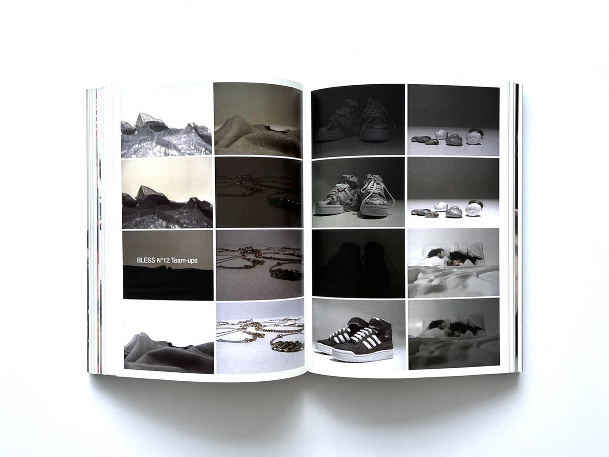 BLESS: Celebrating 10 Years of Themelessness by Désirée Heiss and Ines Kaag, 2006. Interior spread documenting BLESS No. 12 Team-Ups through paired photographs of experimental footwear, jewellery, textiles and intimate domestic scenes.