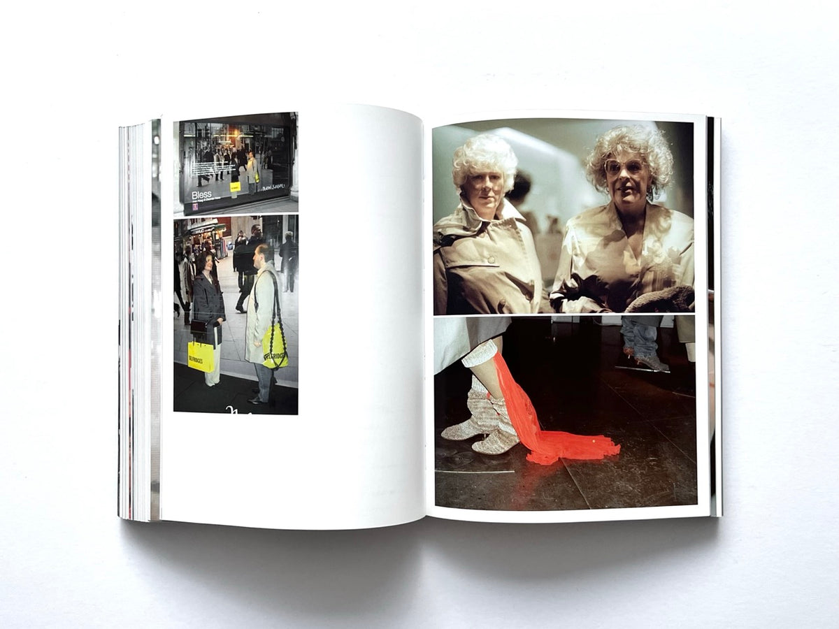 BLESS: Celebrating 10 Years of Themelessness by Désirée Heiss and Ines Kaag, 2006. Colour interior spread showing a BLESS shop window, street photography, two elderly women and an experimental footwear design with bright red fabric.
