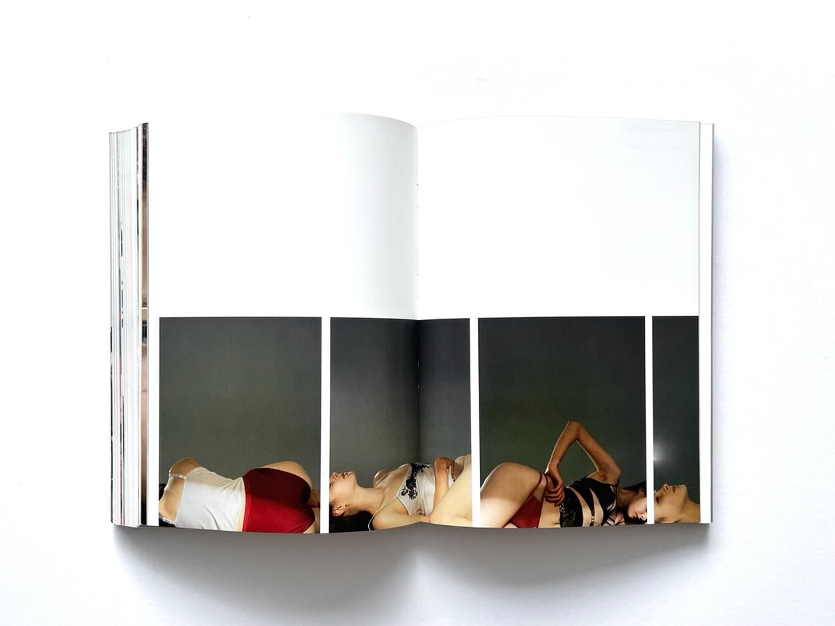 BLESS: Celebrating 10 Years of Themelessness by Désirée Heiss and Ines Kaag, 2006. Interior spread featuring a sequence of colour photographs of reclining female models wearing experimental underwear and layered garments.