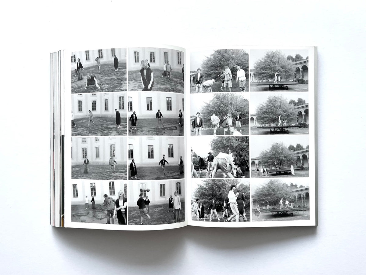 BLESS: Celebrating 10 Years of Themelessness by Désirée Heiss and Ines Kaag, 2006. Double-page spread of black-and-white sequential photographs documenting a group of people performing and interacting in an outdoor courtyard.