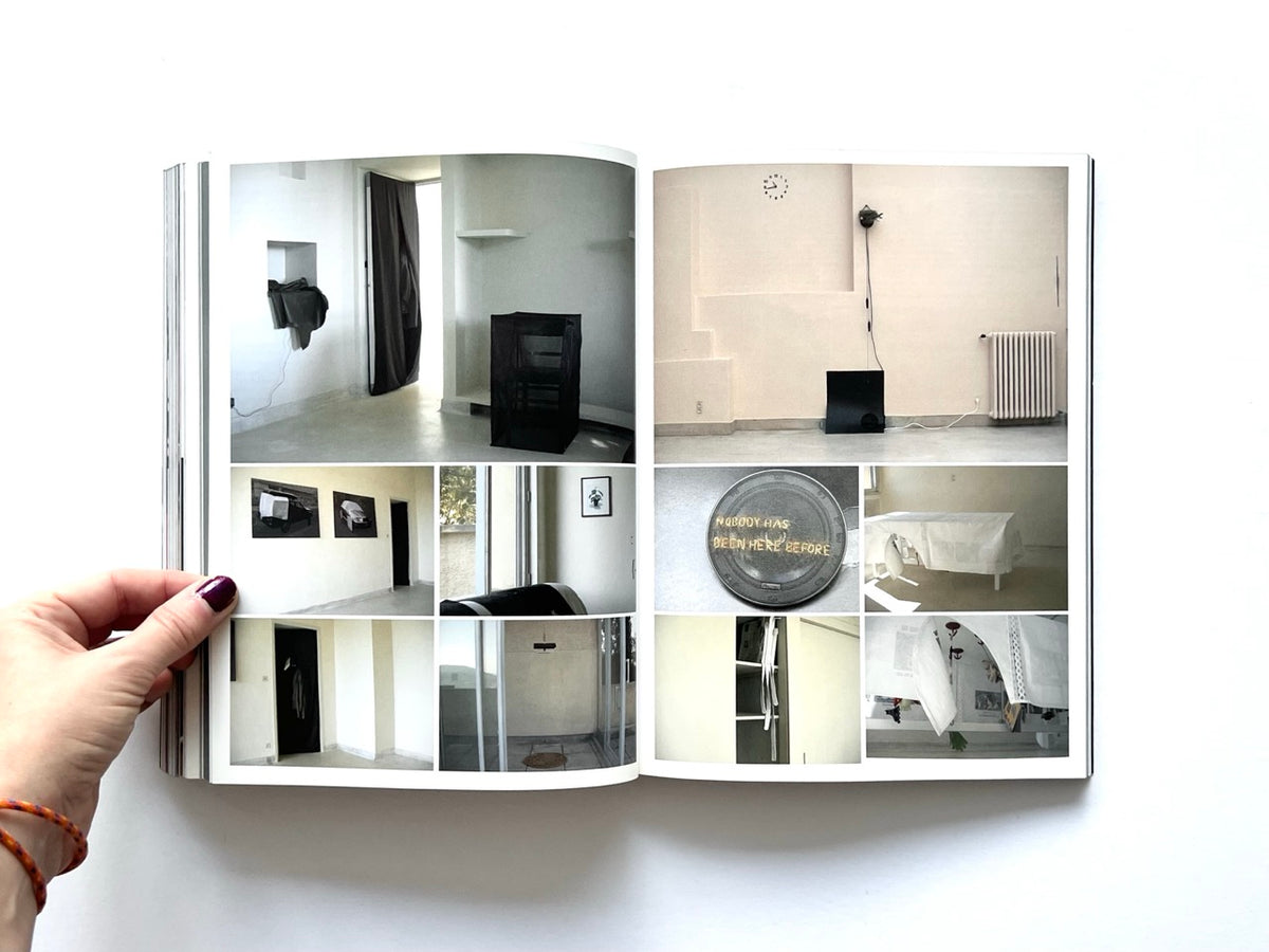 BLESS: Celebrating 10 Years of Themelessness by Désirée Heiss and Ines Kaag, 2006. Interior spread documenting minimalist conceptual installations, gallery interiors, suspended textiles, furniture and an artwork reading Nobody Has Been Here Before.