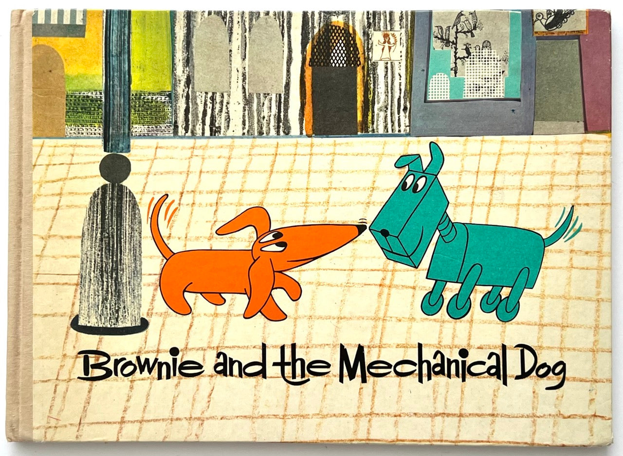 Brownie and the Mechanical Dog by György Várnai, 1976 – illustrated cover showing an orange dachshund facing a teal mechanical dog in a stylised mid-century city scene.