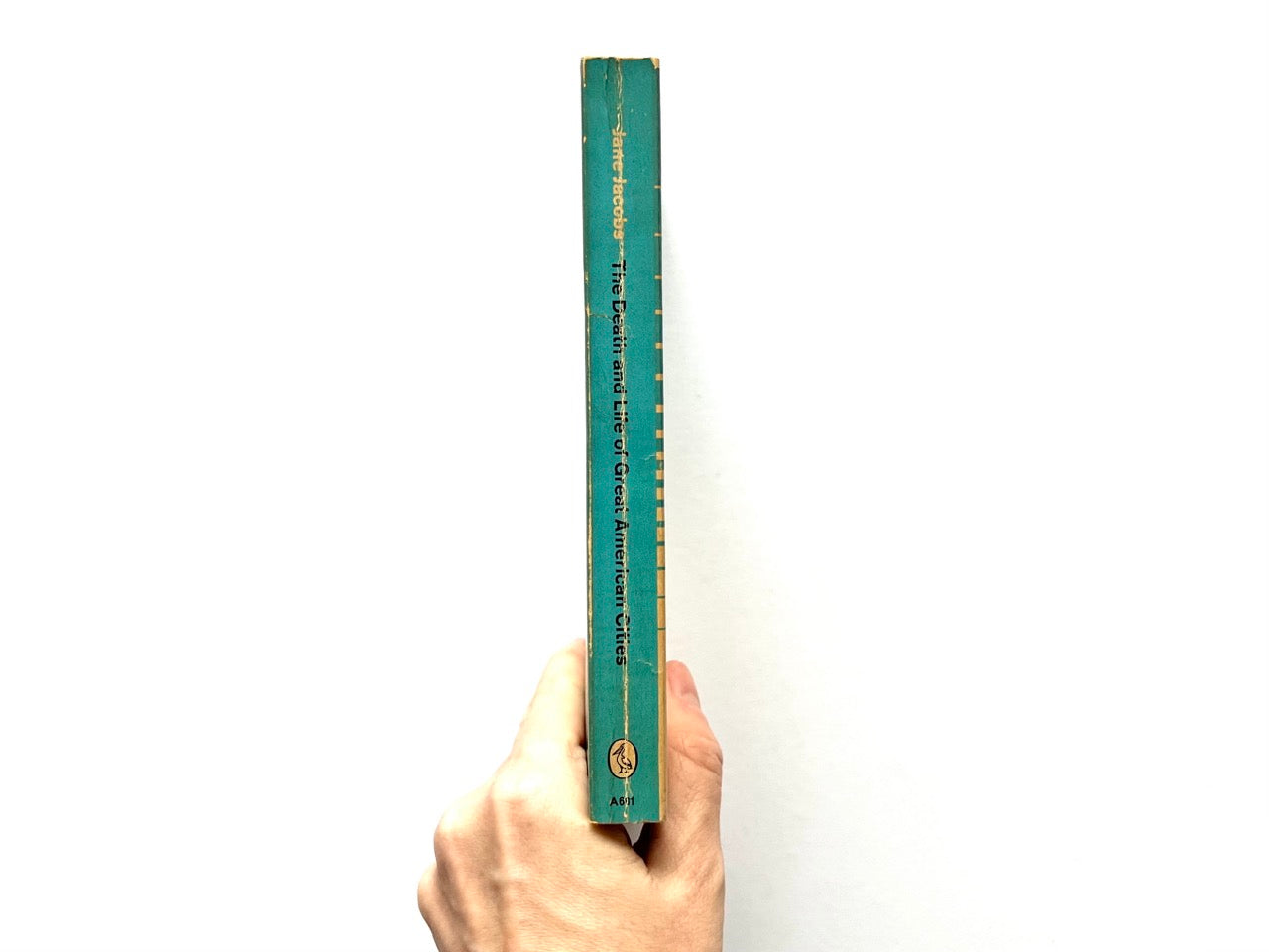 Spine of the Pelican paperback edition of The Death and Life of Great American Cities by Jane Jacobs, showing a turquoise spine with white lettering, Pelican logo, and visible edge wear.