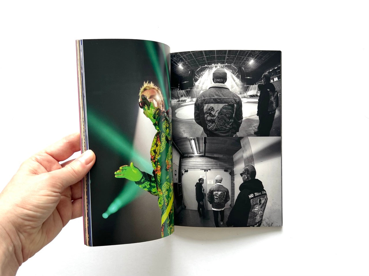 Doomsday Society Issue No. 01 – Interior spread featuring live performance scene with green stage lighting alongside backstage and venue photographs.
