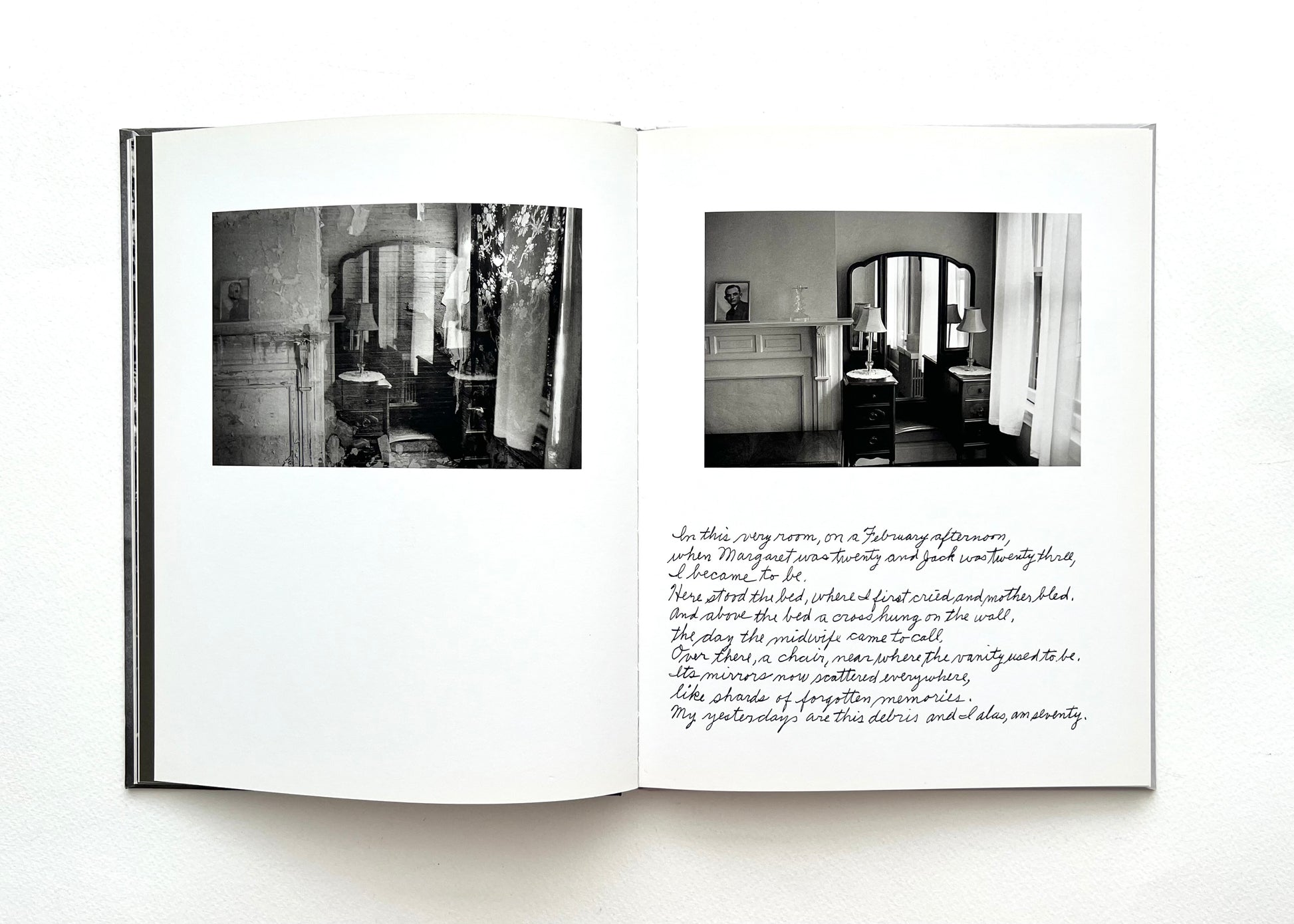 Open book with black and white photographs and hand-written text by Duane Michals on a white background