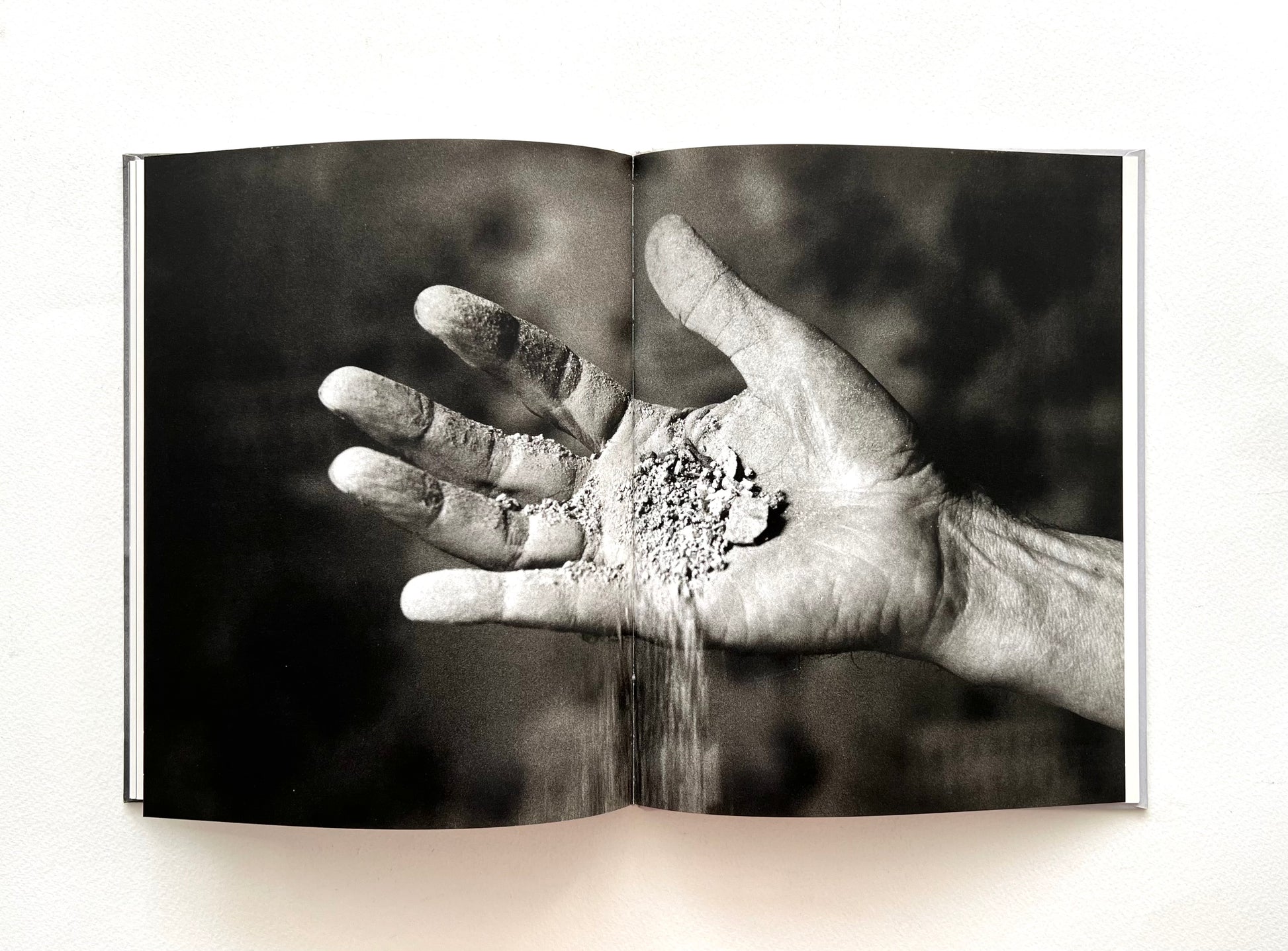 Open book showing a black and white photo of a hand holding sand by DUANE MICHALS.