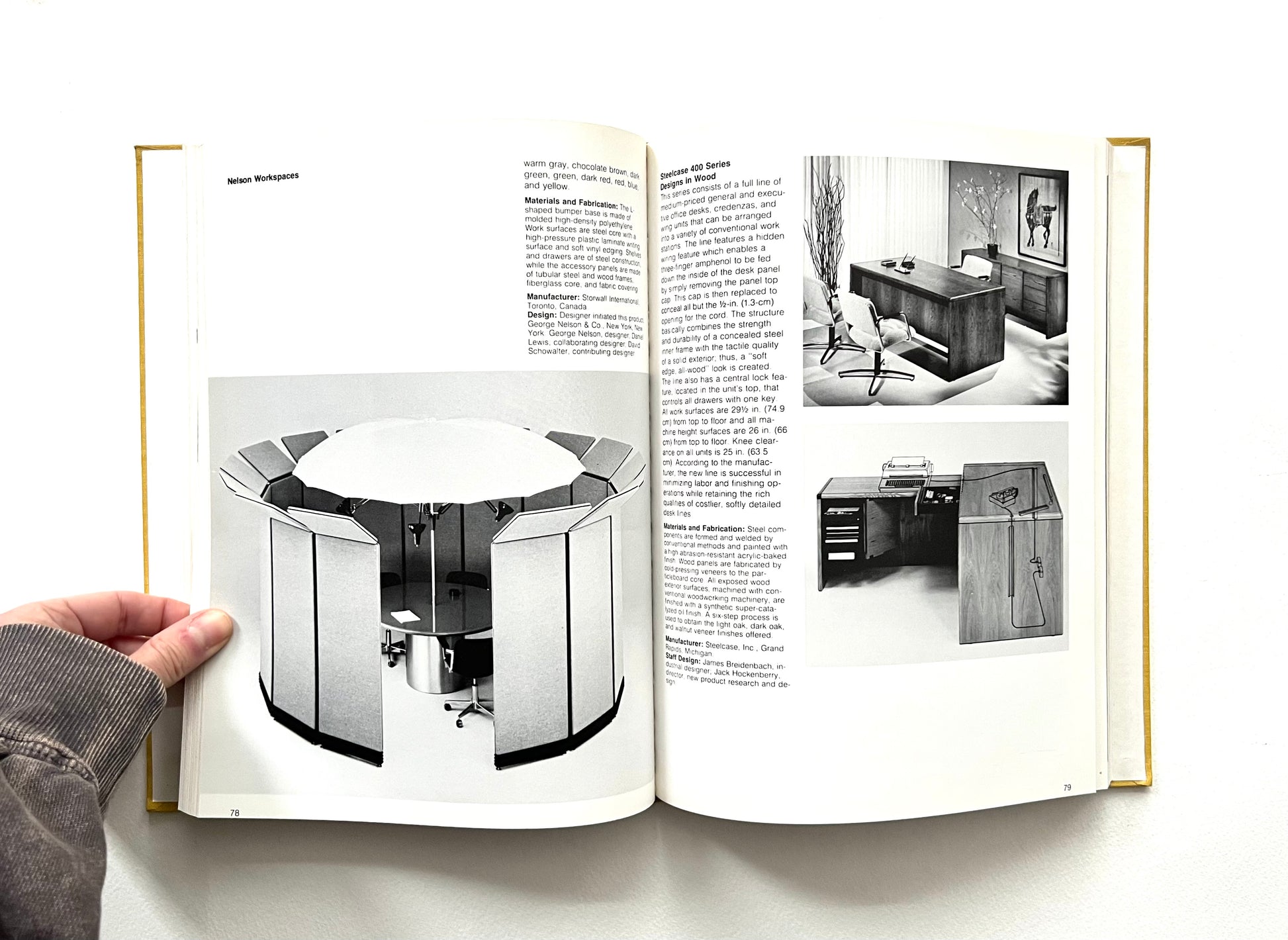 Open book showing 1970s interior design images and text on a white background