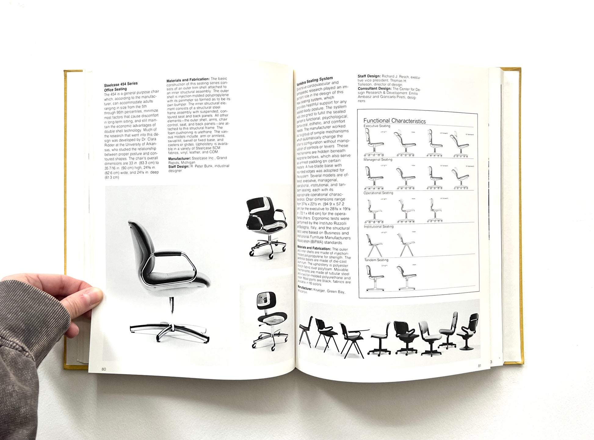 Open book with illustrations of 1970s chairs on a white background