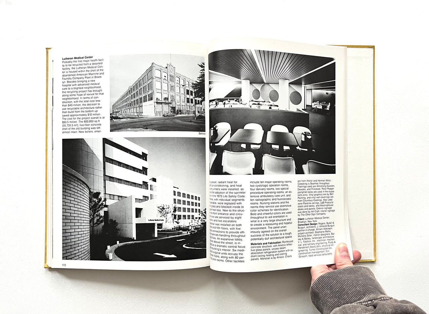 Open book showing black and white architectural photographs and text on a white background  Design Review Industrial Design 24th Annual 1978.