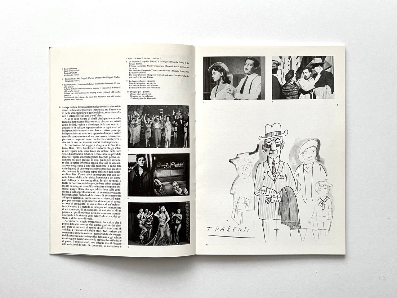 Book interior spread with text and three black-and-white film stills on the left page. Right page shows a pencil drawing of a group of stylised characters titled ‘I Parenti’, lightly shaded in grey.