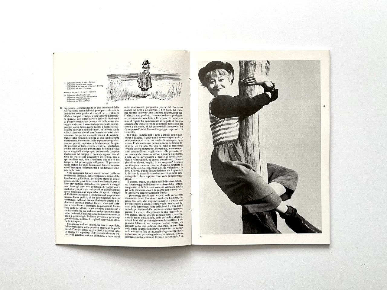Interior spread showing Italian text and a small black-ink drawing of a woman standing at the shoreline on the left page. Right page features a full-page black-and-white photograph of Giulietta Masina as Gelsomina, smiling and clinging to a wooden post.