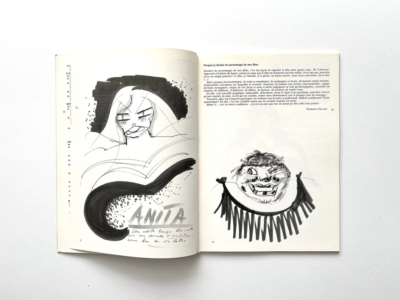 Interior spread with two large black-ink character sketches. Left page shows a stylised female figure with heavy shading and the handwritten name ‘Anita’. Right page shows a grinning, exaggerated face with fringe-like black strokes beneath. French text printed above.