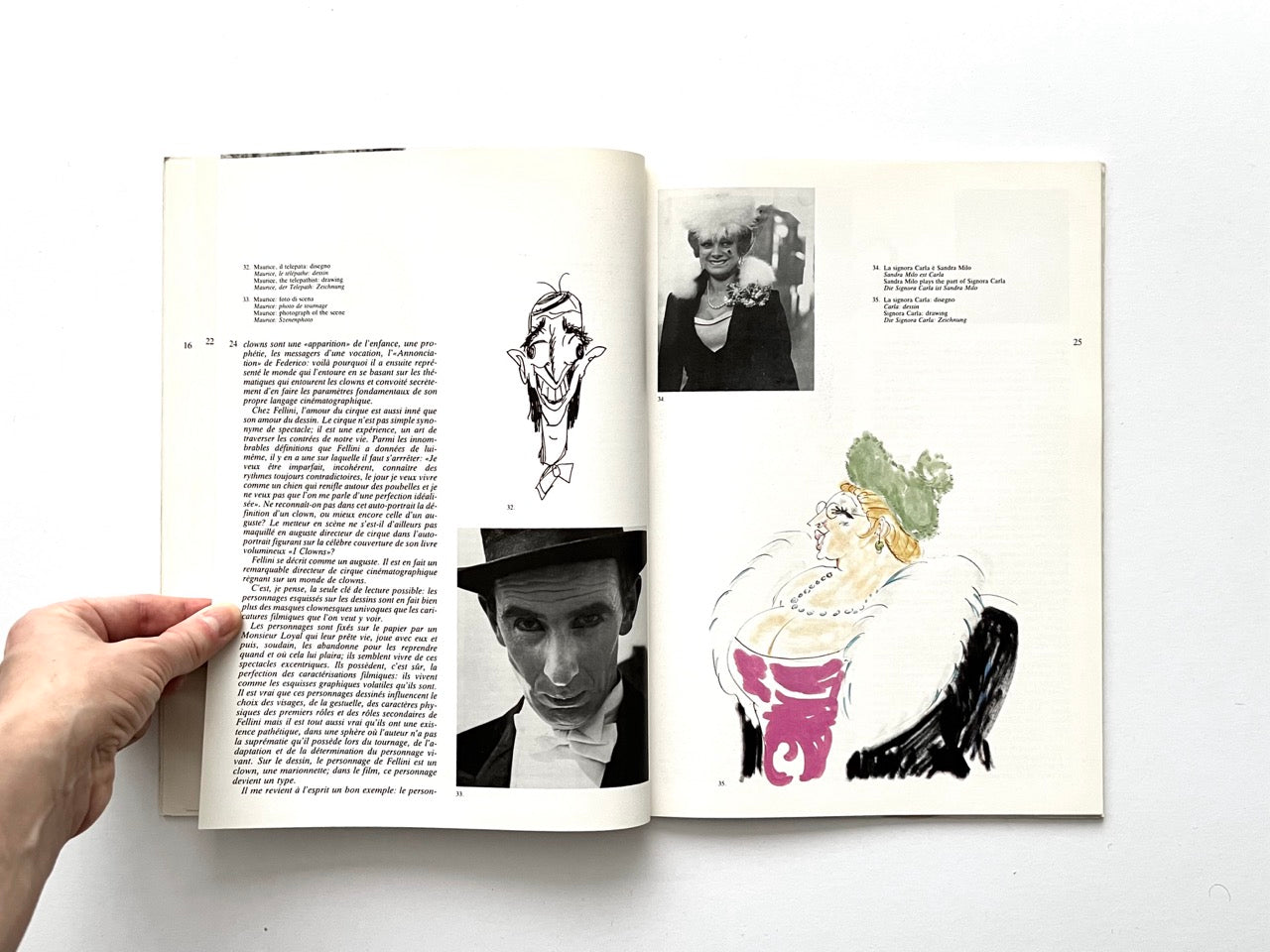 Interior spread combining text, small film stills, and caricature drawings. Right page includes a black-and-white photograph of a woman in costume, a smaller portrait of a man in a top hat, and a large coloured caricature of an older woman in a green hat and fur-trimmed dress.
