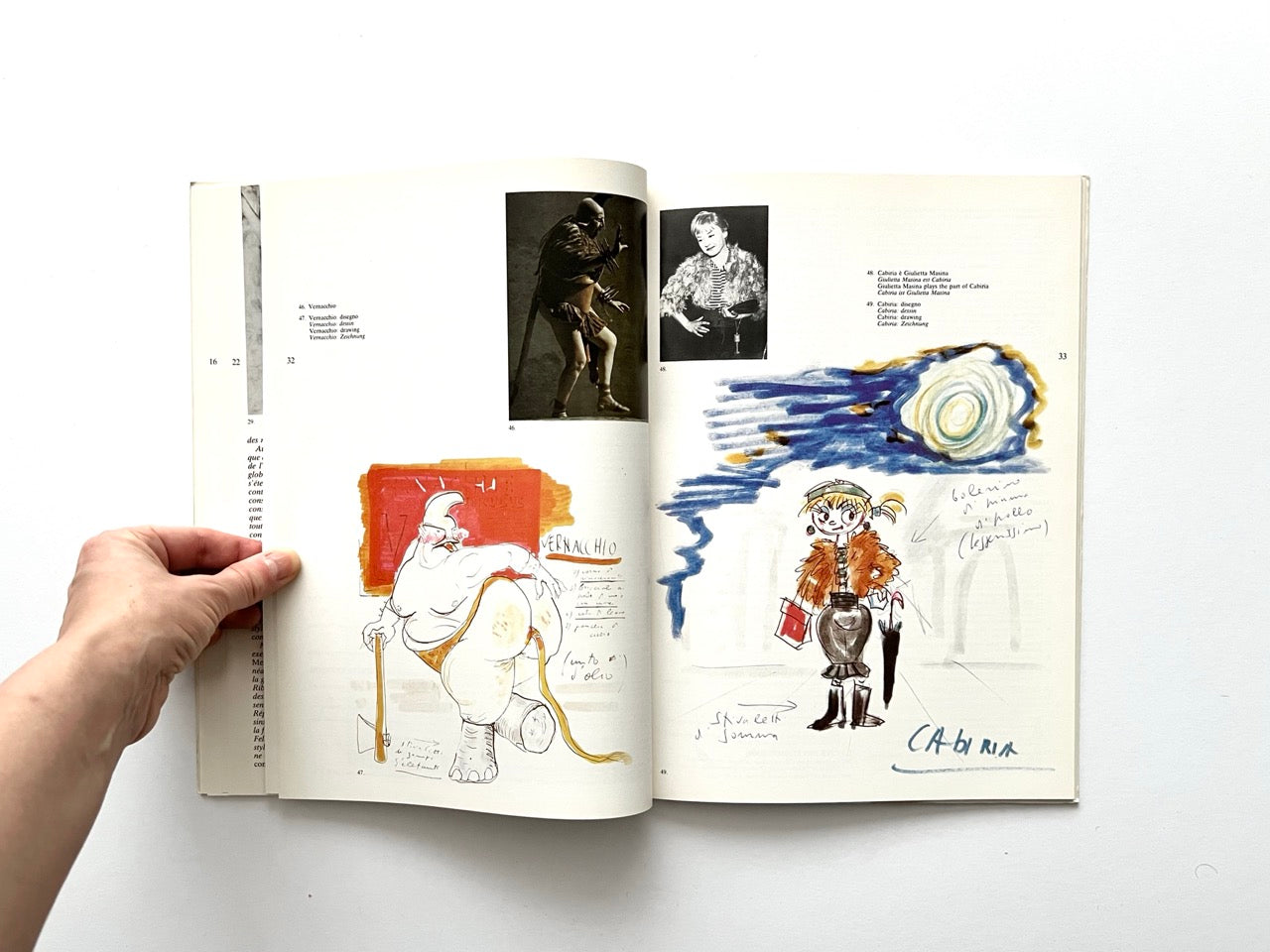 Interior spread showing a coloured caricature titled ‘Vernacchio’ on the left page, depicting a heavyset figure in theatrical costume. Right page shows a coloured sketch labelled ‘Cabiria’ beside two small black-and-white film stills of characters in costume.