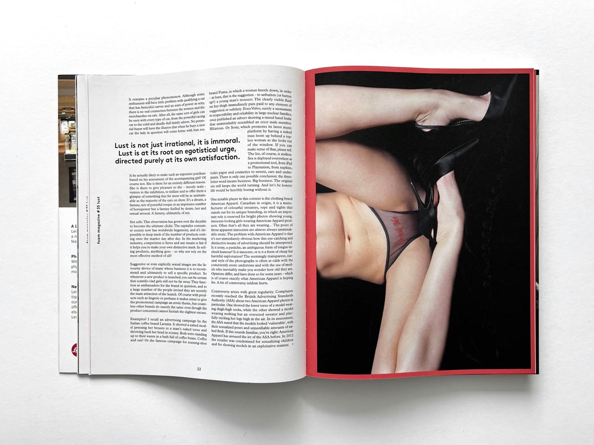 FOAM International Photography Magazine, Issue #35: Lust, Summer 2013. Interior double-page spread featuring an essay exploring lust, desire and sexuality alongside a provocative photograph of a reclining woman in black lingerie and high heels.