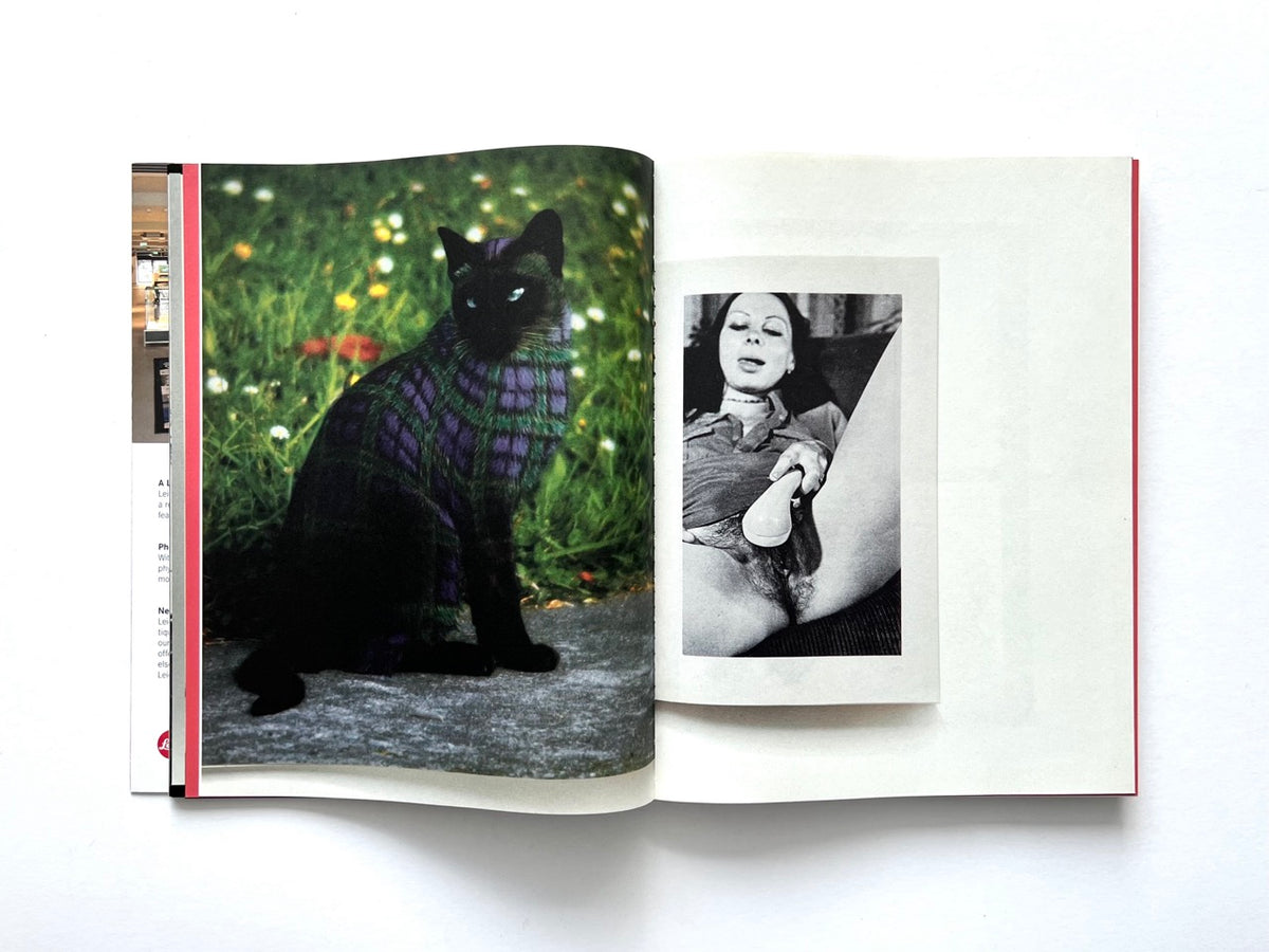 FOAM International Photography Magazine, Issue #35: Lust, Summer 2013. Interior double-page spread featuring a colour photograph of a black cat with purple and green markings in a garden, opposite an explicit black-and-white photograph of a woman masturbating with a shower head.