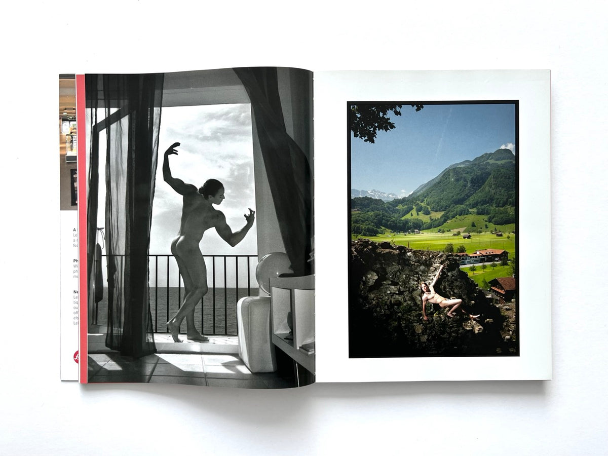 FOAM International Photography Magazine, Issue #35: Lust, Summer 2013. Interior double-page spread featuring a black-and-white photograph of a muscular nude man posing on a balcony overlooking the sea, alongside a colour photograph of a nude figure against a dramatic Alpine landscape.