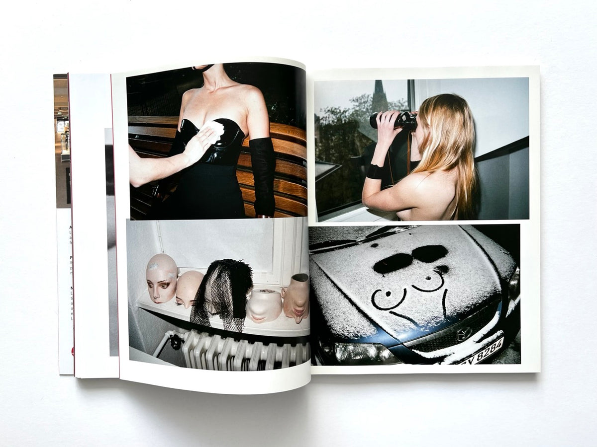 FOAM International Photography Magazine, Issue #35: Lust, Summer 2013. Interior spread featuring four colour photographs, including a woman in a black latex outfit, a blonde woman drinking by a window, mannequin heads with wigs and a snow-covered car with boob graffiti.
