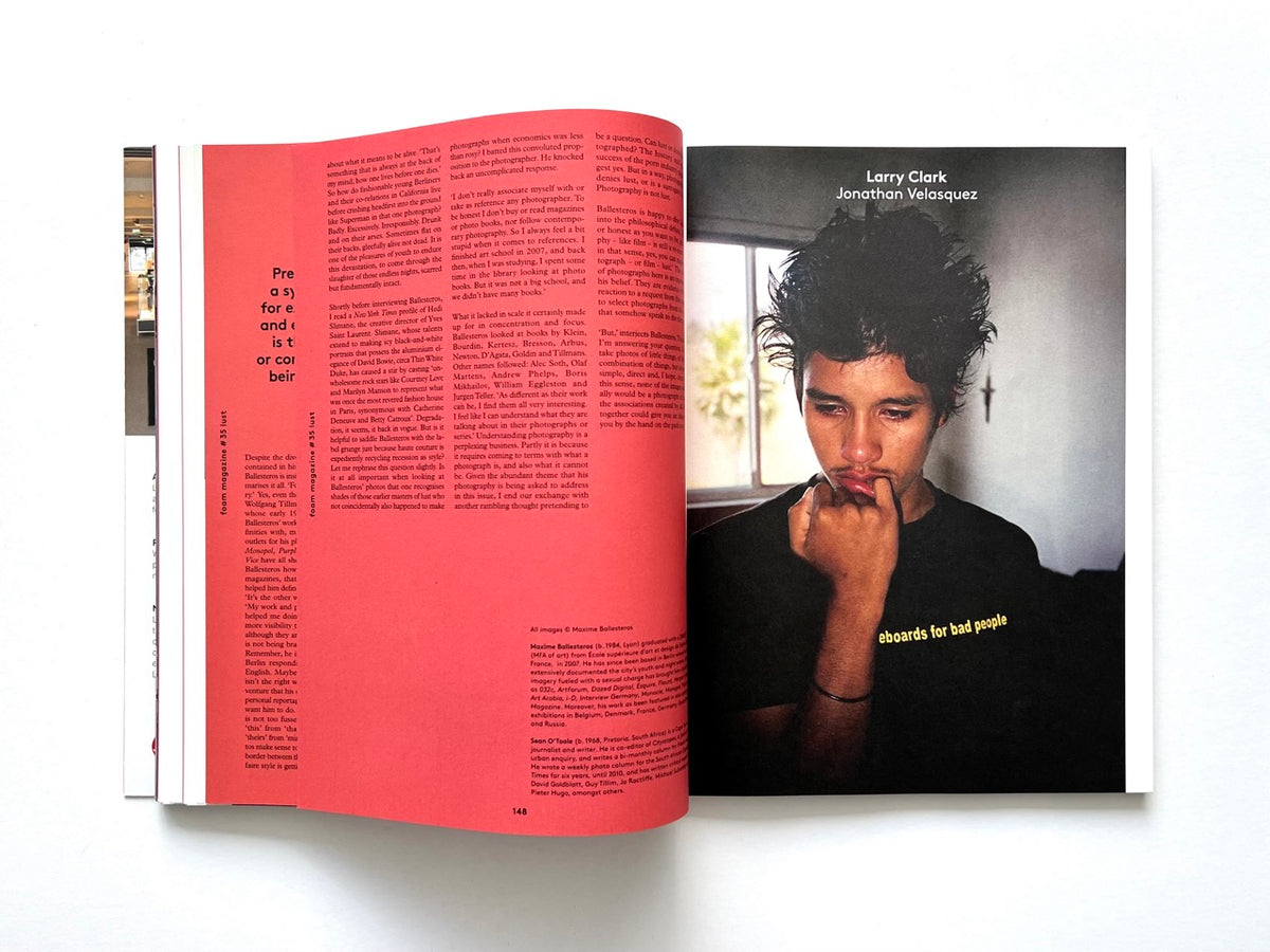 FOAM International Photography Magazine, Issue #35: Lust, Summer 2013. Interior spread featuring an interview with photographer Maxime Ballesteros on a vivid red background, opposite a colour portrait titled Larry Clark Jonathan Velasquez.