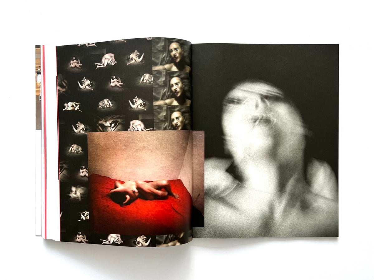 FOAM International Photography Magazine, Issue #35: Lust, Summer 2013. Experimental double-page photographic collage featuring multiple intimate images of nude figures, a reclining body on a red bed and a large blurred black-and-white portrait.