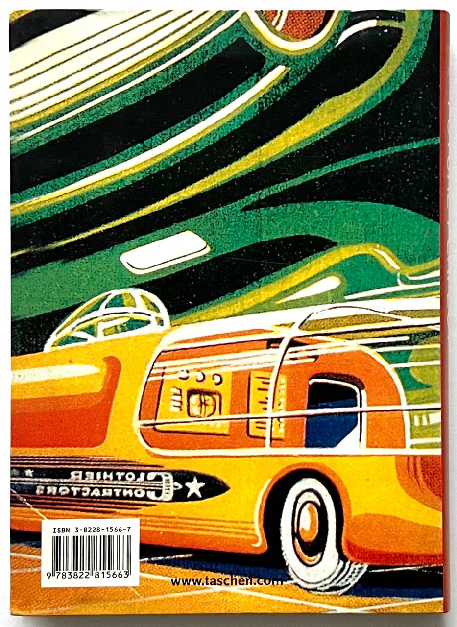 Back cover of “Future Perfect: Vintage Futuristic Graphics,” showing a colorful retro-futuristic vehicle illustration with the ISBN barcode and Taschen website address at the bottom.