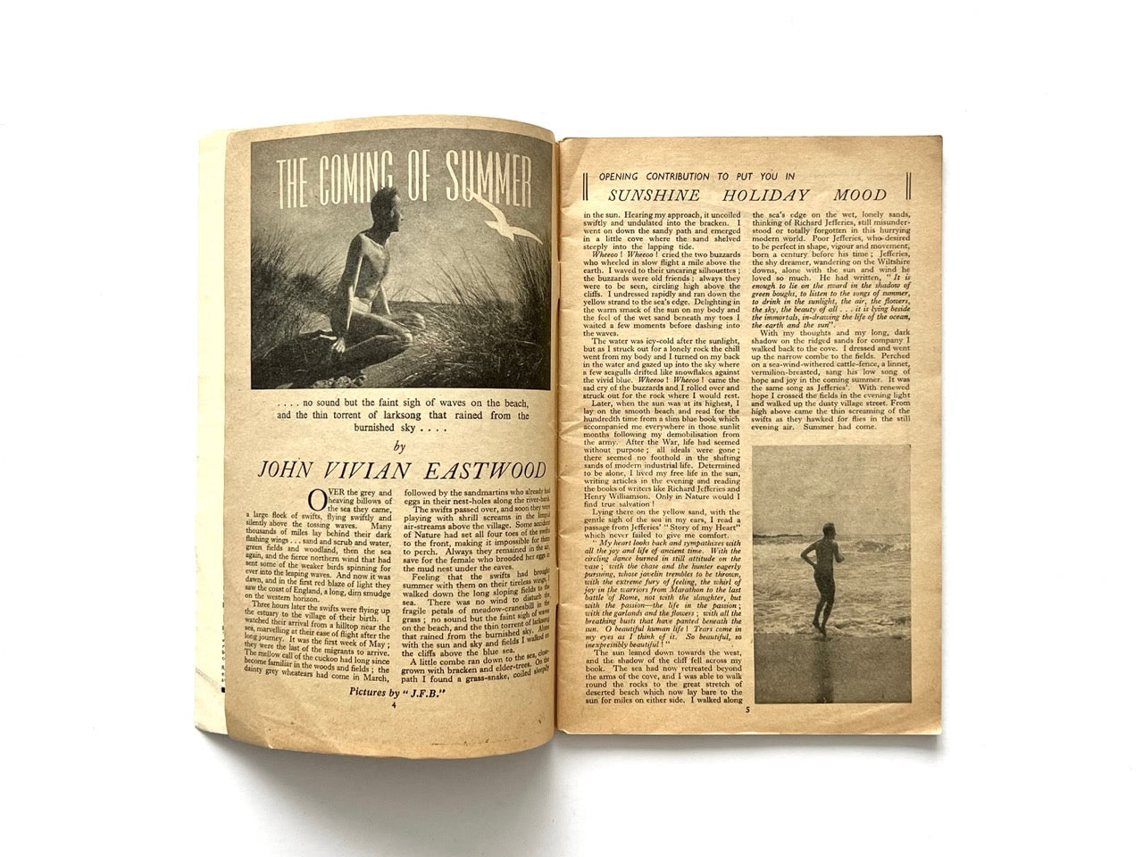 Health and Efficiency Summer Annual, 1948. Interior spread featuring article “The Coming of Summer” by John Vivian Eastwood with black-and-white naturist beach photography, period typography, and reflective writing on nature and sunbathing.