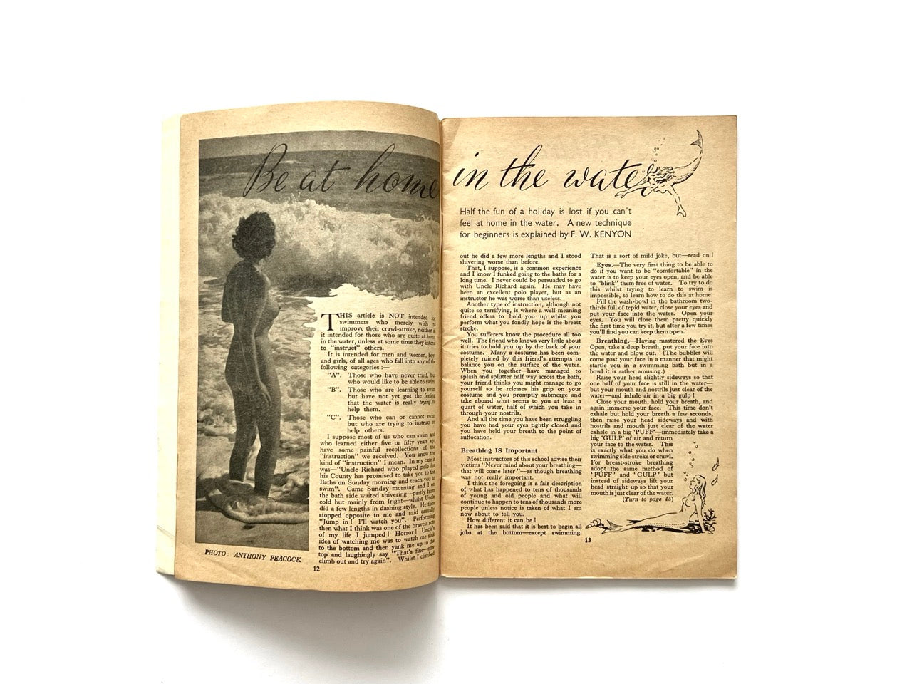 Health and Efficiency Summer Annual, 1948. Interior spread featuring “Be at Home in the Water,” a vintage swimming instruction article illustrated with black-and-white seaside naturist photography and decorative hand-lettered typography.
