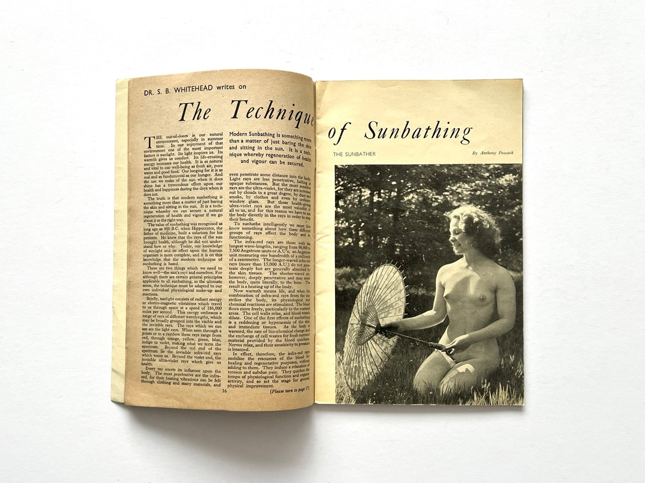 Health and Efficiency Summer Annual, 1948. Interior spread featuring “The Technique of Sunbathing” with black-and-white naturist portrait photography, health advice text, and mid-century magazine layout design.