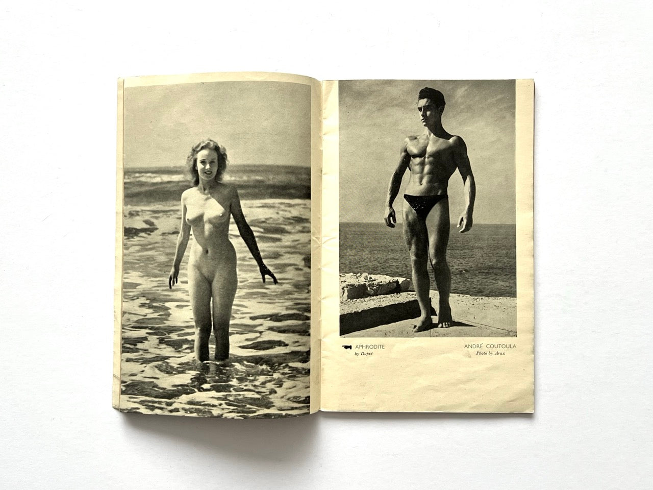 Health and Efficiency Summer Annual, 1948. Interior photographic spread featuring black-and-white seaside portraits of nude female and male naturist models posed by the water in dramatic sunlight.