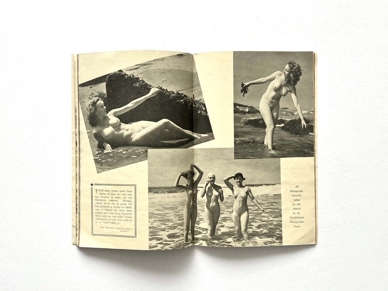 Health and Efficiency Summer Annual, 1948. Interior photo montage spread featuring black-and-white naturist beach photography of nude women swimming, reclining, and posing by the shoreline.