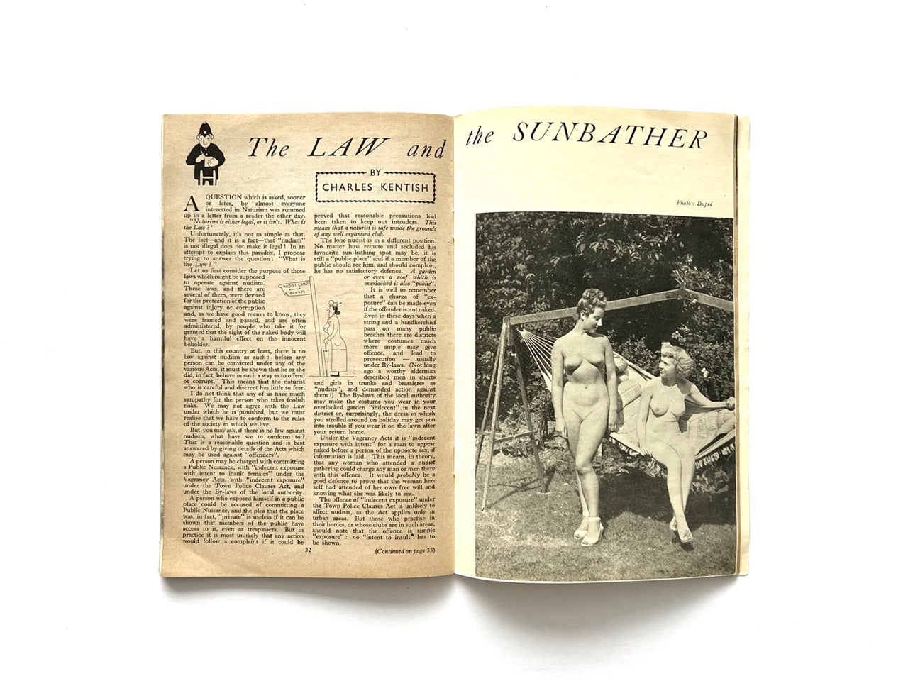Health and Efficiency Summer Annual, 1948. Interior spread featuring article “The Law and the Sunbather” with black-and-white garden naturist photography and discussion of nudism and public decency laws in post-war Britain.