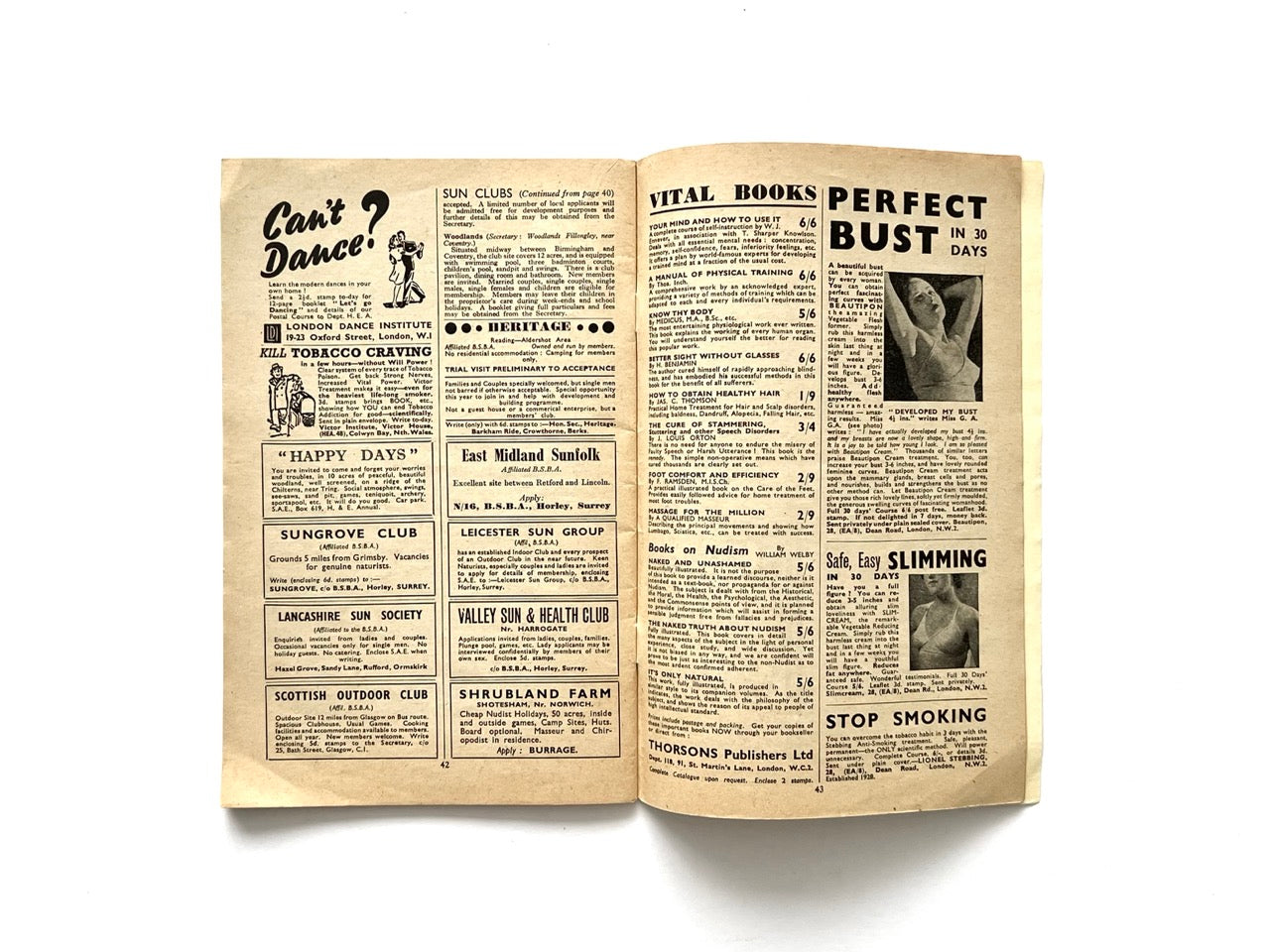 Health and Efficiency Summer Annual, 1948. Interior advertising spread featuring vintage British adverts for dance schools, naturist clubs, self-improvement books, smoking cessation, and beauty products in dense mid-century typography.