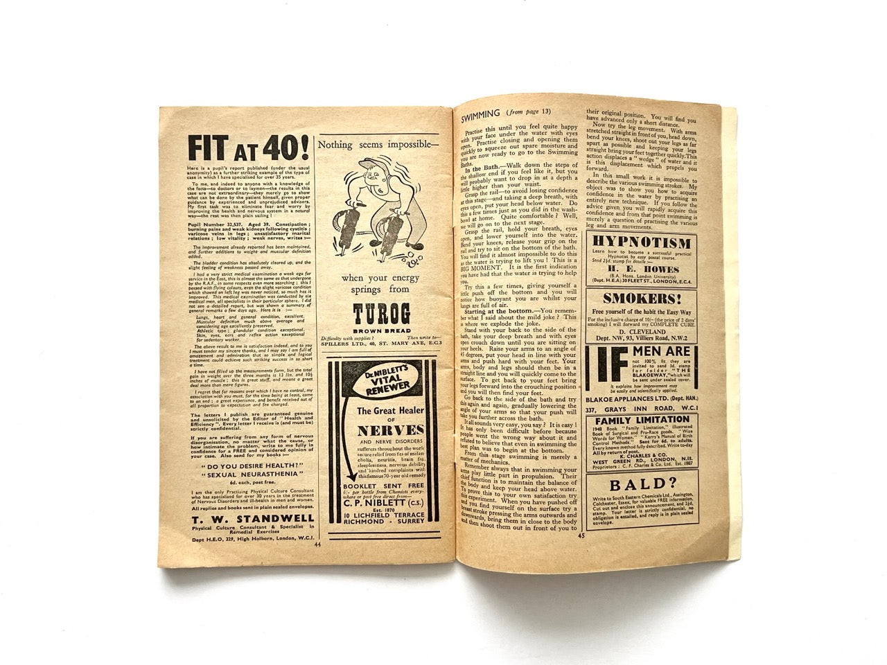 Health and Efficiency Summer Annual, 1948. Interior advertising spread featuring vintage health and self-improvement adverts for fitness, hypnosis, nerve remedies, smoking cessation, and mail-order products with illustrated graphics and typography.